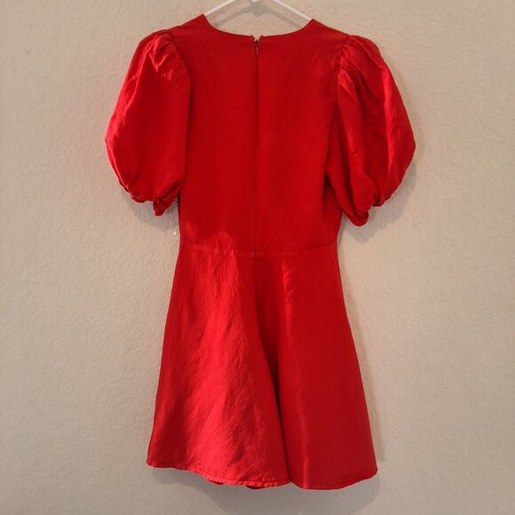 Express Linen-Blend Tie-Front Red Romper Puff-Sleeve XS Accentuated Bust Tie Low - Picture 2 of 8